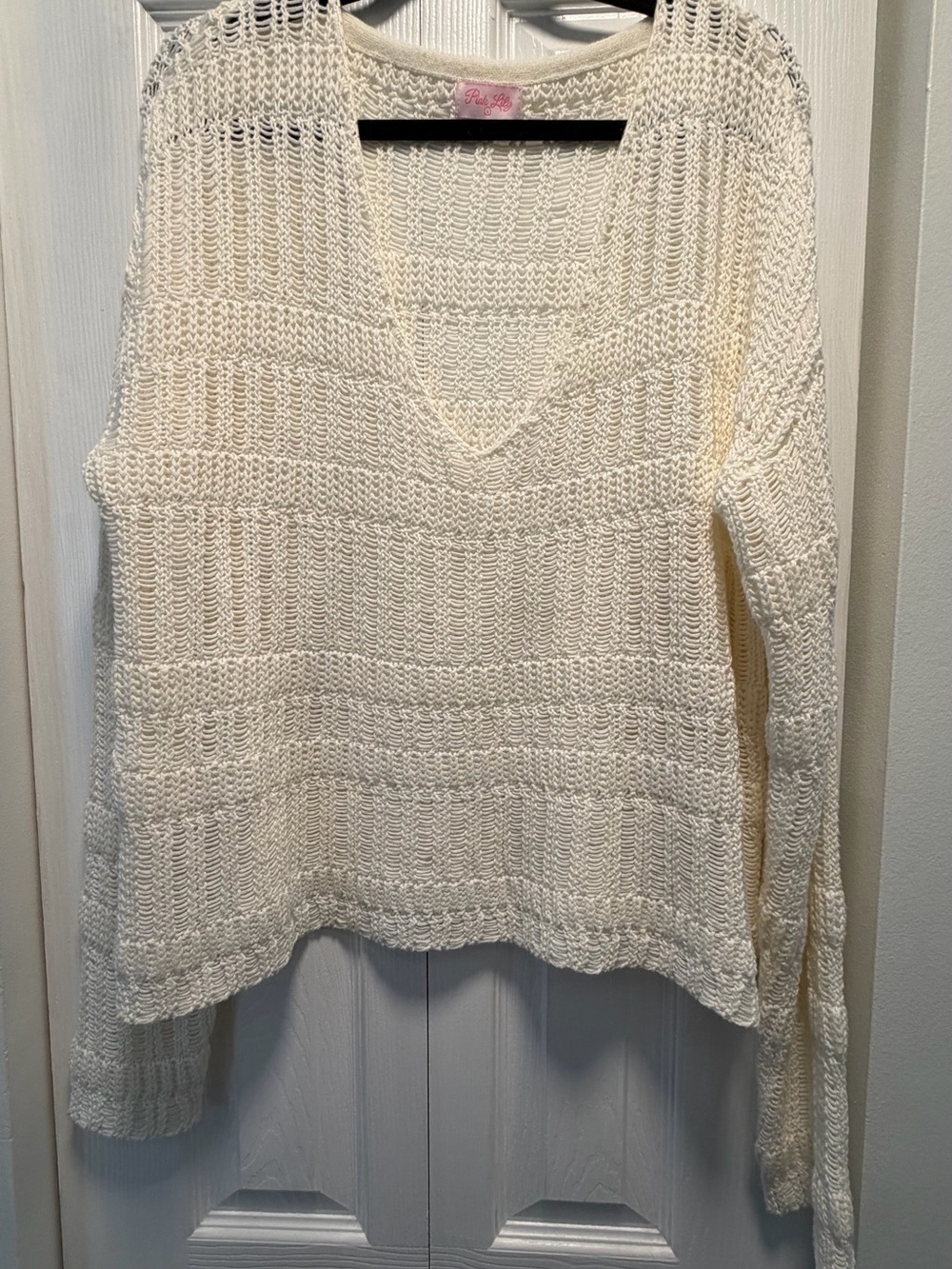 Pink Lily Cream Open Knit V-Neck Sweater